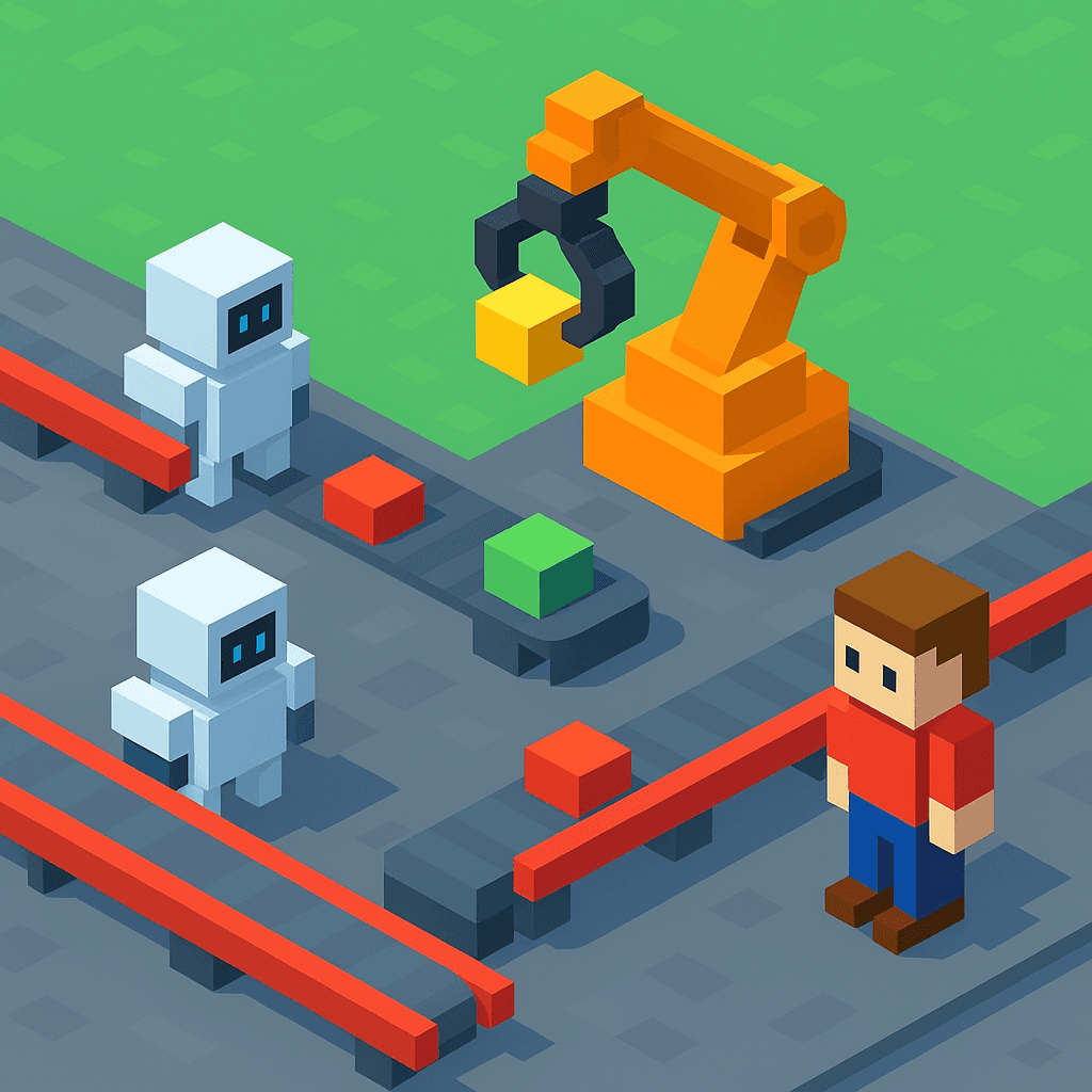 Illustratie van een geautomatiseerde productielijn met robots en een robotarm